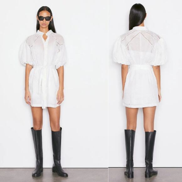 NWT Frame Inset Lace Puff Sleeve Button Front Dress White Blanc Size: Large - Picture 1 of 8
